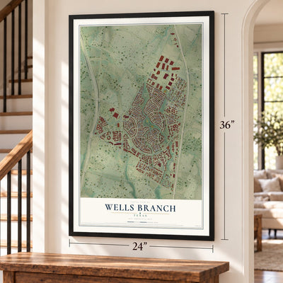 Wells Branch, Texas map, 24 x 36 inch print in a black frame by a staircase