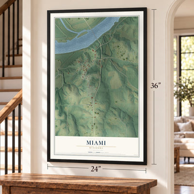 Miami, Missouri map, 24 x 36 inch print in a black frame by a staircase