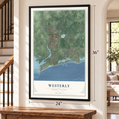 Westerly, Rhode Island map, 24 x 36 inch print in a black frame by a staircase