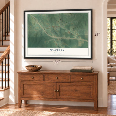 Waverly, Alabama map, 24 x 36 inch print in a black frame above a dresser by a staircase