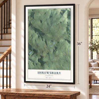 Shrewsbury, Vermont map, 24 x 36 inch print in a black frame by a staircase