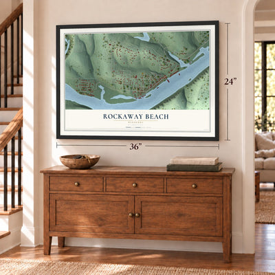 Rockaway Beach, Missouri map, 24 x 36 inch print in a black frame above a dresser by a staircase