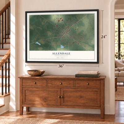 Allendale, South Carolina map, 24 x 36 inch print in a black frame above a dresser by a staircase