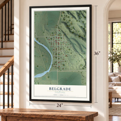 Belgrade, Nebraska map, 24 x 36 inch print in a black frame by a staircase