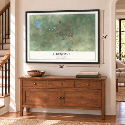 Firestone, Colorado map, 24 x 36 inch print in a black frame above a dresser by a staircase