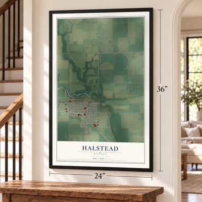 Halstead, Kansas map, 24 x 36 inch print in a black frame by a staircase