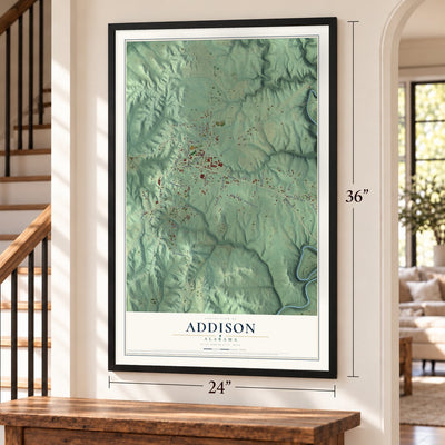 Addison, Alabama map, 24 x 36 inch print in a black frame by a staircase
