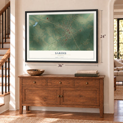 Sardis, Georgia map, 24 x 36 inch print in a black frame above a dresser by a staircase