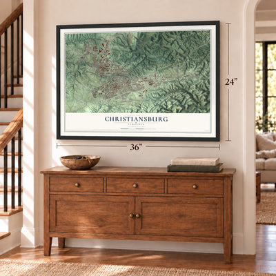 Christiansburg, Virginia map, 24 x 36 inch print in a black frame above a dresser by a staircase