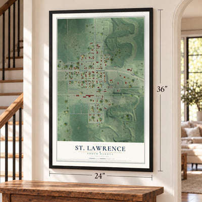 St. Lawrence, South Dakota map, 24 x 36 inch print in a black frame by a staircase
