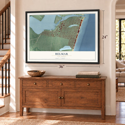 Belmar, New Jersey map, 24 x 36 inch print in a black frame above a dresser by a staircase