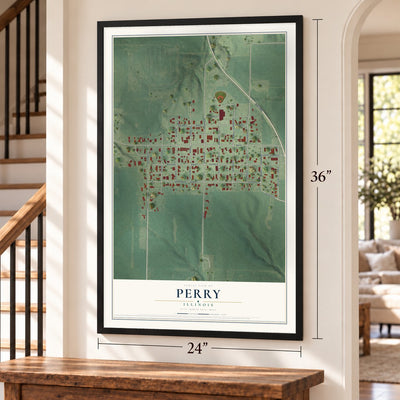 Perry, Illinois map, 24 x 36 inch print in a black frame by a staircase