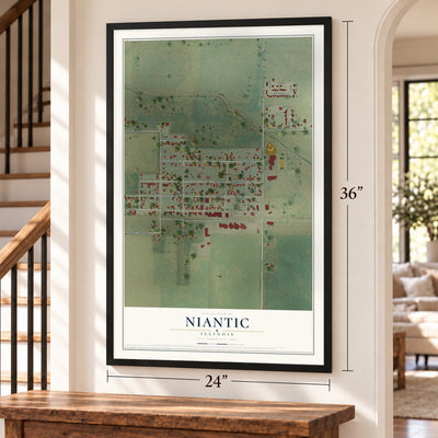 Niantic, Illinois map, 24 x 36 inch print in a black frame by a staircase