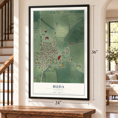 Buda, Illinois map, 24 x 36 inch print in a black frame by a staircase