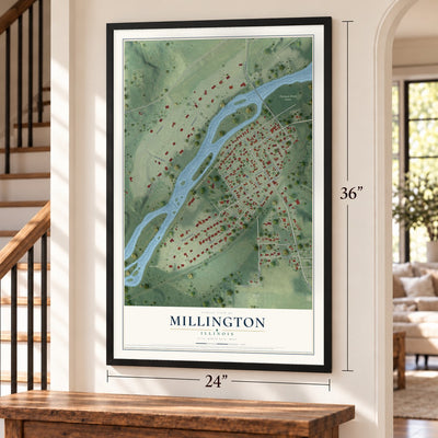 Millington, Illinois map, 24 x 36 inch print in a black frame by a staircase
