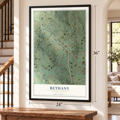 Bethany, Pennsylvania map, 24 x 36 inch print in a black frame by a staircase