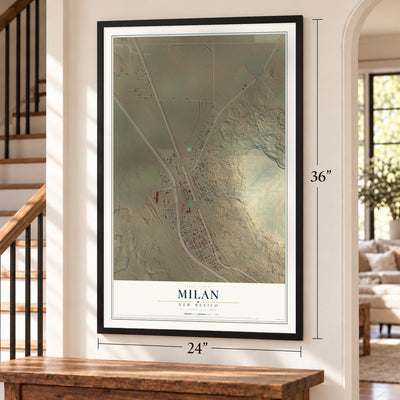 Milan, New Mexico map, 24 x 36 inch print in a black frame by a staircase