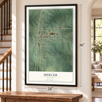 Mercer, Missouri map, 24 x 36 inch print in a black frame by a staircase