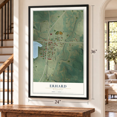 Erhard, Minnesota map, 24 x 36 inch print in a black frame by a staircase
