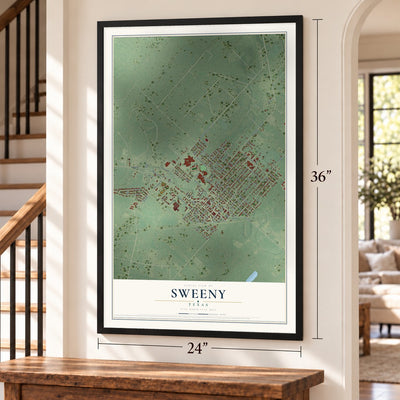 Sweeny, Texas map, 24 x 36 inch print in a black frame by a staircase