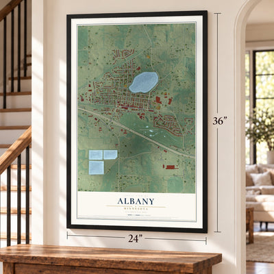 Albany, Minnesota map, 24 x 36 inch print in a black frame by a staircase