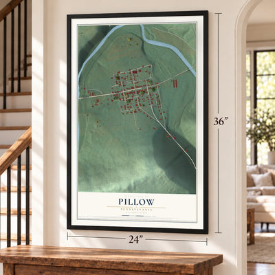 Pillow, Pennsylvania map, 24 x 36 inch print in a black frame by a staircase