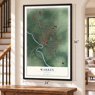 Warren, Indiana map, 24 x 36 inch print in a black frame by a staircase