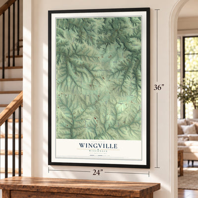 Wingville, Wisconsin map, 24 x 36 inch print in a black frame by a staircase