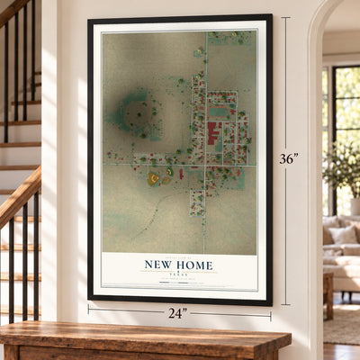 New Home, Texas map, 24 x 36 inch print in a black frame by a staircase