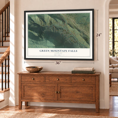 Green Mountain Falls, Colorado map, 24 x 36 inch print in a black frame above a dresser by a staircase