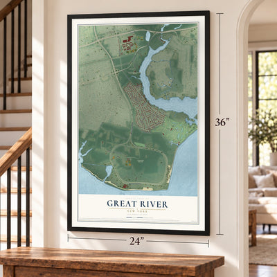 Great River, New York map, 24 x 36 inch print in a black frame by a staircase