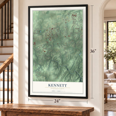 Kennett, Pennsylvania map, 24 x 36 inch print in a black frame by a staircase