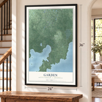 Garden, Delta County, Michigan map, 24 x 36 inch print in a black frame by a staircase