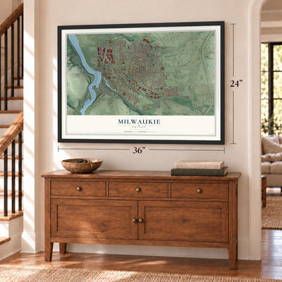 Milwaukie, Oregon map, 24 x 36 inch print in a black frame above a dresser by a staircase