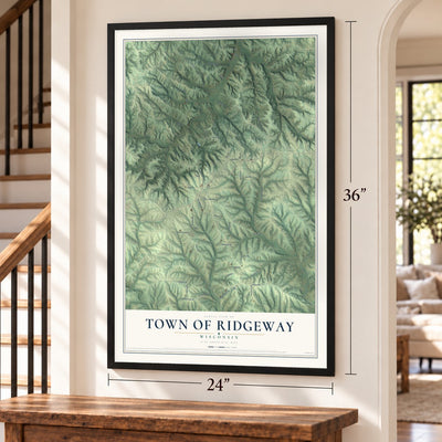 Town of Ridgeway, Wisconsin map, 24 x 36 inch print in a black frame by a staircase