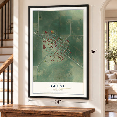 Ghent, Minnesota map, 24 x 36 inch print in a black frame by a staircase