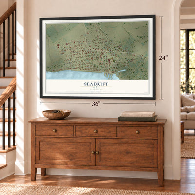 Seadrift, Texas map, 24 x 36 inch print in a black frame above a dresser by a staircase
