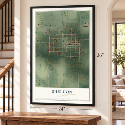 Sheldon, Missouri map, 24 x 36 inch print in a black frame by a staircase