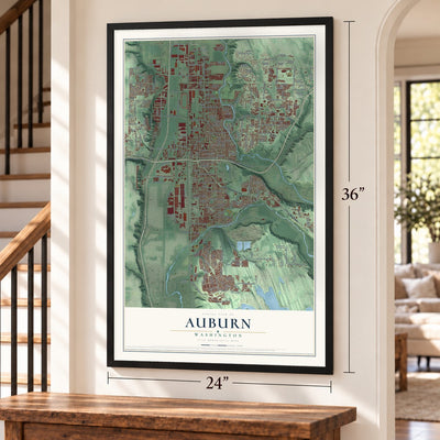 Auburn, Washington map, 24 x 36 inch print in a black frame by a staircase