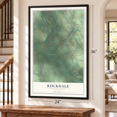 Rockdale, Pennsylvania map, 24 x 36 inch print in a black frame by a staircase