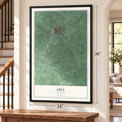 Ada, Oklahoma map, 24 x 36 inch print in a black frame by a staircase