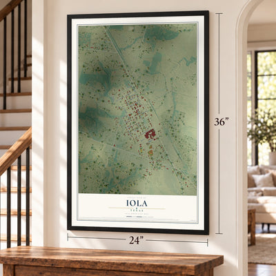 Iola, Texas map, 24 x 36 inch print in a black frame by a staircase