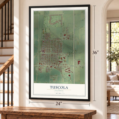 Tuscola, Illinois map, 24 x 36 inch print in a black frame by a staircase