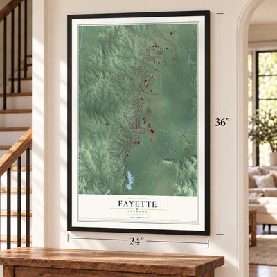 Fayette, Alabama map, 24 x 36 inch print in a black frame by a staircase