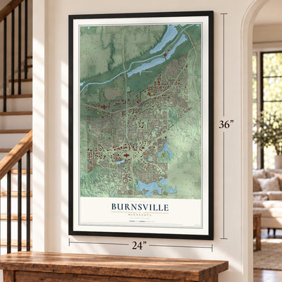 Burnsville, Minnesota map, 24 x 36 inch print in a black frame by a staircase