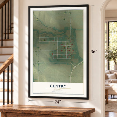 Gentry, Missouri map, 24 x 36 inch print in a black frame by a staircase