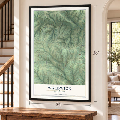 Waldwick, Wisconsin map, 24 x 36 inch print in a black frame by a staircase