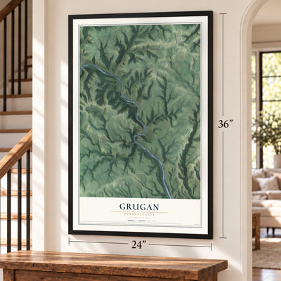 Grugan, Pennsylvania map, 24 x 36 inch print in a black frame by a staircase