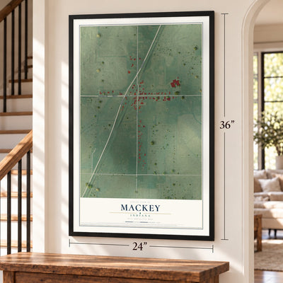 Mackey, Indiana map, 24 x 36 inch print in a black frame by a staircase