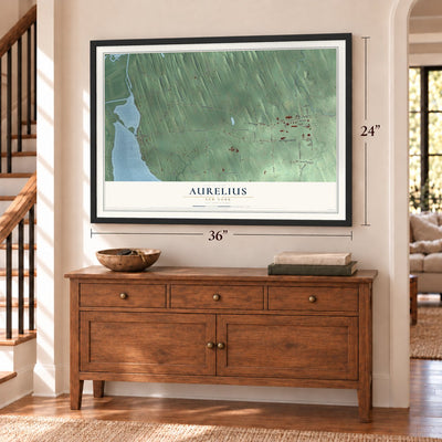 Aurelius, New York map, 24 x 36 inch print in a black frame above a dresser by a staircase